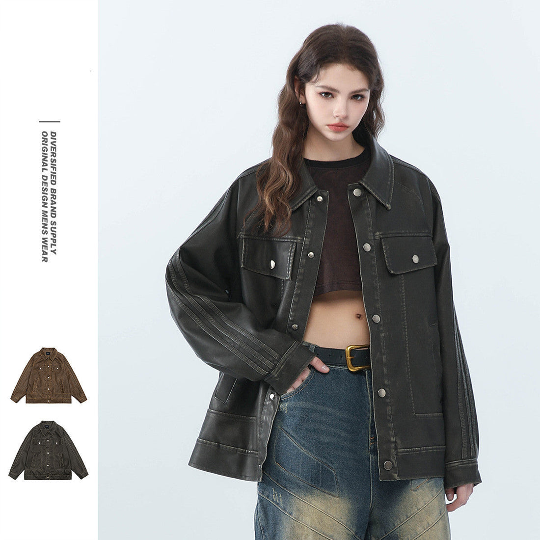 American Retro Distressed Lapel PU Leather For Men And Women Biker&