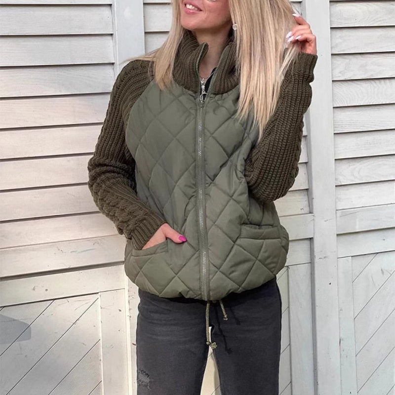 Stand Collar Cotton Jacket With Pockets Fashion Knitted Stitching Zipper Coat Winter Warm Tops For Women Limorista