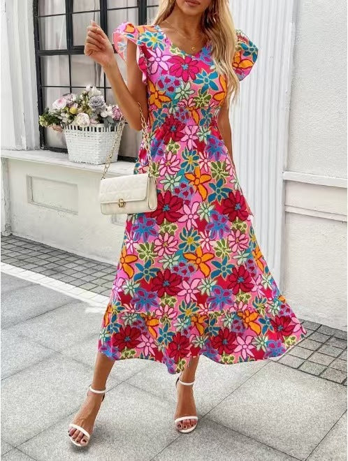 European And American Summer Seaside Vacation Style Fashion Floral Print Sleeveless Dress Limorista