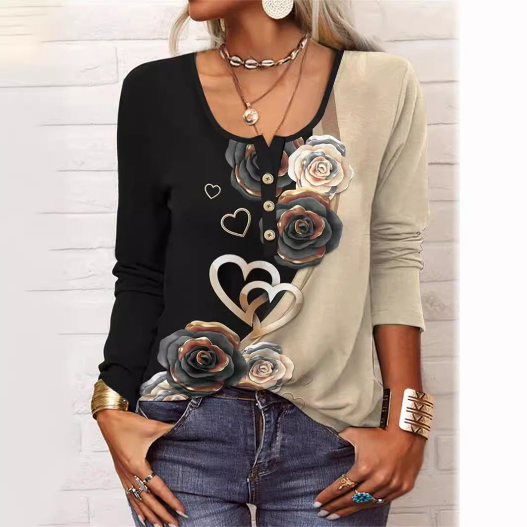 Long Sleeved Geometric Flower Mang U-neck Button Up T-shirt For Women Limorista