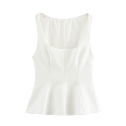 Pleated Slim-fit Square Collar Sleeveless Small Top Limorista