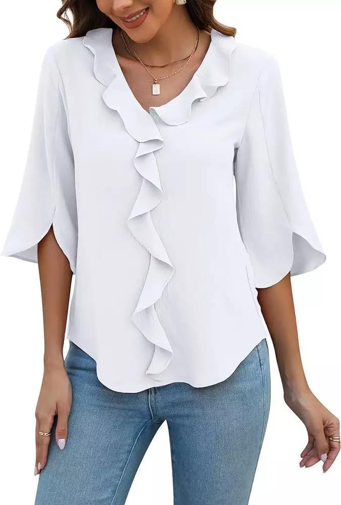 Lady Literature Leisure Commute All-matching Loose All-matching V-neck Flounce Shirt Limorista