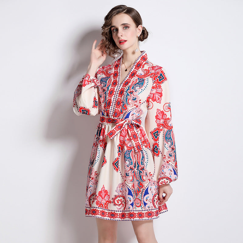 European And American Style Positioning Pattern V-neck Slimming Long Sleeves Dress Limorista