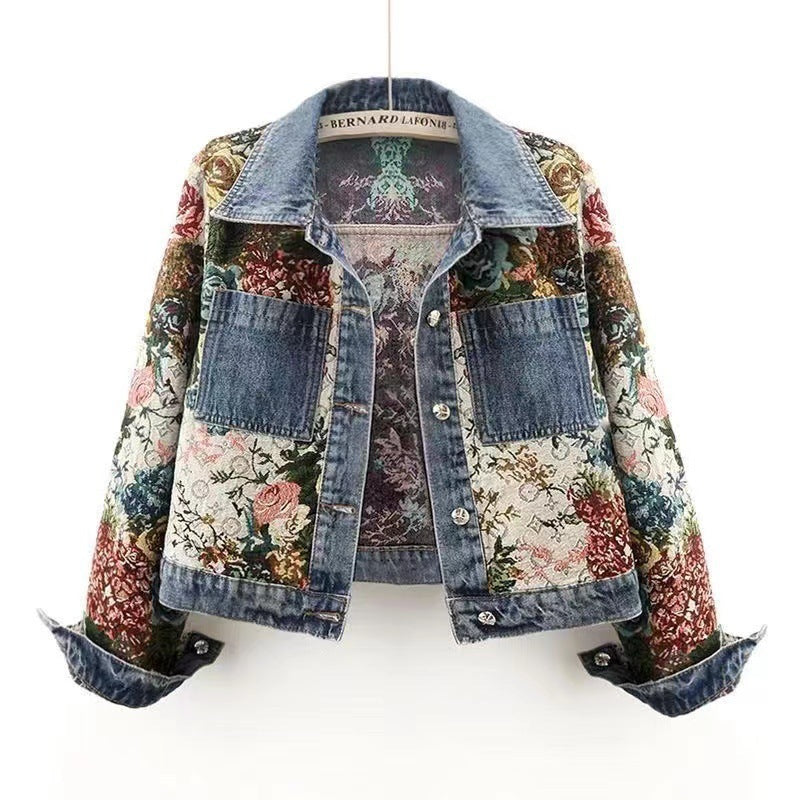All-match Printed Patchwork Long Sleeves Lapel Denim Coat Limorista
