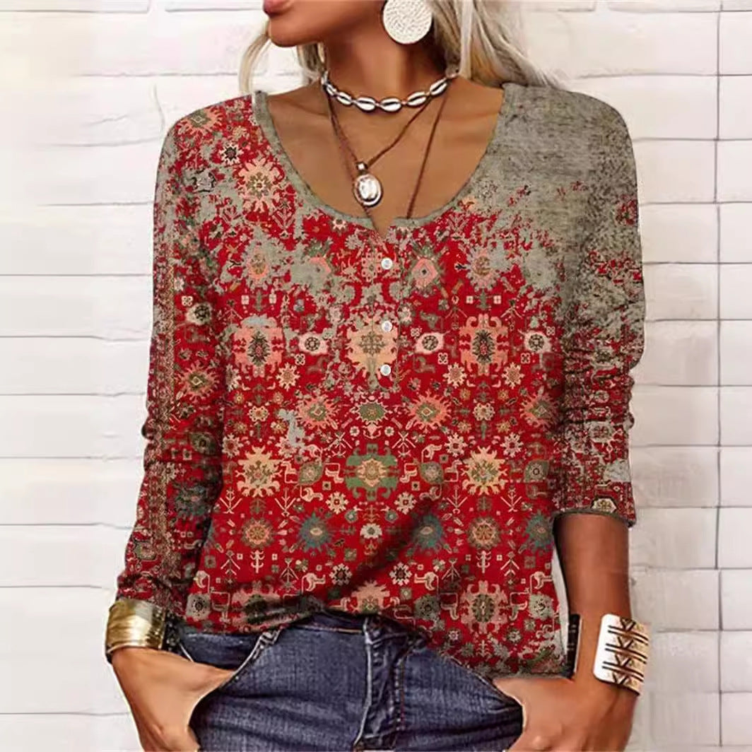 Long Sleeved Geometric Flower Mang U-neck Button Up T-shirt For Women Limorista