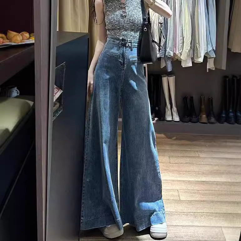 Retro Blue High Waist Loose Slim Floor-length Jeans For Women American High Street Drape Versatile Wide-leg Pants Limorista