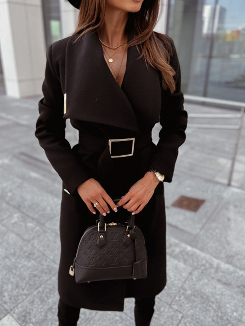 Autumn And Winter Simplicity Long Sleeve Button V-neck Lace Up Woolen Coat Women&