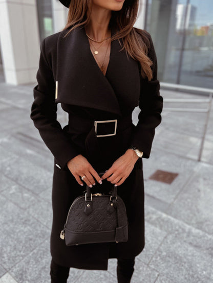 Autumn And Winter Simplicity Long Sleeve Button V-neck Lace Up Woolen Coat Women&