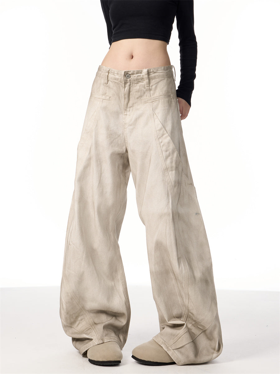 Retro Distressed Dirty White Wide Leg Pants Casual Trousers Limorista