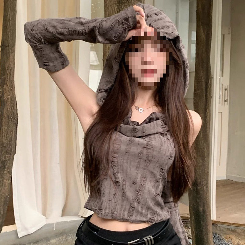 American Hot Girl Sleeveless Cold-shoulder Hooded Oversleeve T-shirt Limorista