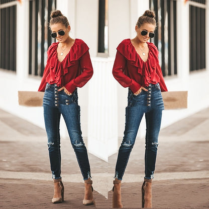 V-neck Flounce Loose And Stylish Long Sleeves Chiffon Shirt Limorista