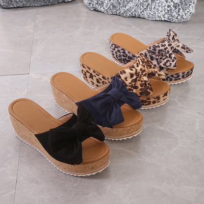 Fashion Bow Leopard Print Wedge Slippers For Women New Thick-sole High Heel Flat Shoes Summer Outdoor Fish Mouth Slippers Limorista