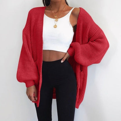 Solid color loose European and American sweater mid-length cardigan Limorista