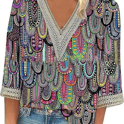 Wear Loose New Floral Print Stitching Lace Half Sleeve V-neck T-shirt Limorista