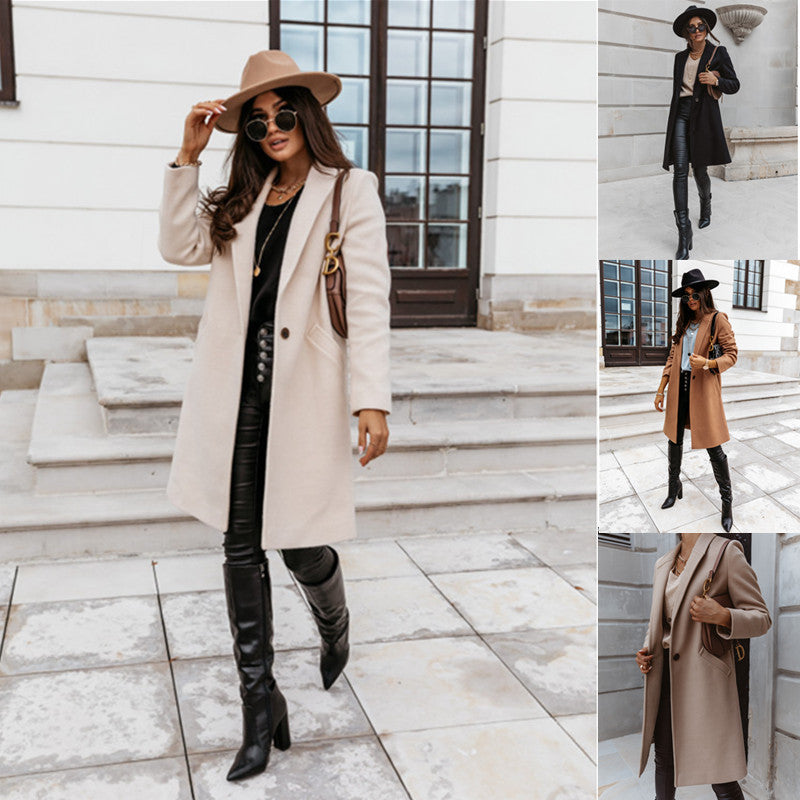 Limorista - Lapel Mid-Length Button Woolen Coat Women