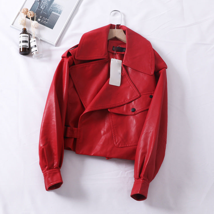 Loose cropped leather jacket motorcycle jacket Limorista
