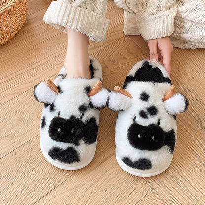 Cute Cartoon Cow Plush Slippers Winter Warm Indoor Bedroom Floor Fuzzy Slipper Couple Non-slip House Shoes Limorista
