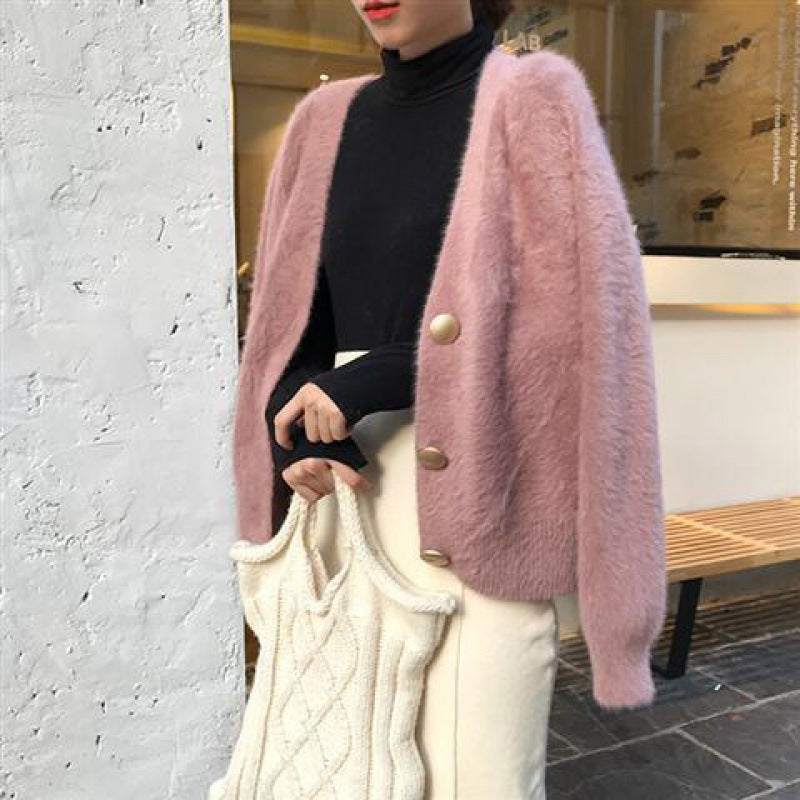V-Neck Knitted Cardigan Button Mink Like Coat Limorista
