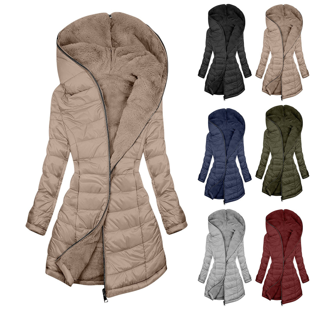 European And American Zipper Outer Wear Hooded Warm Fleece-lined Mid-length Winter Women&