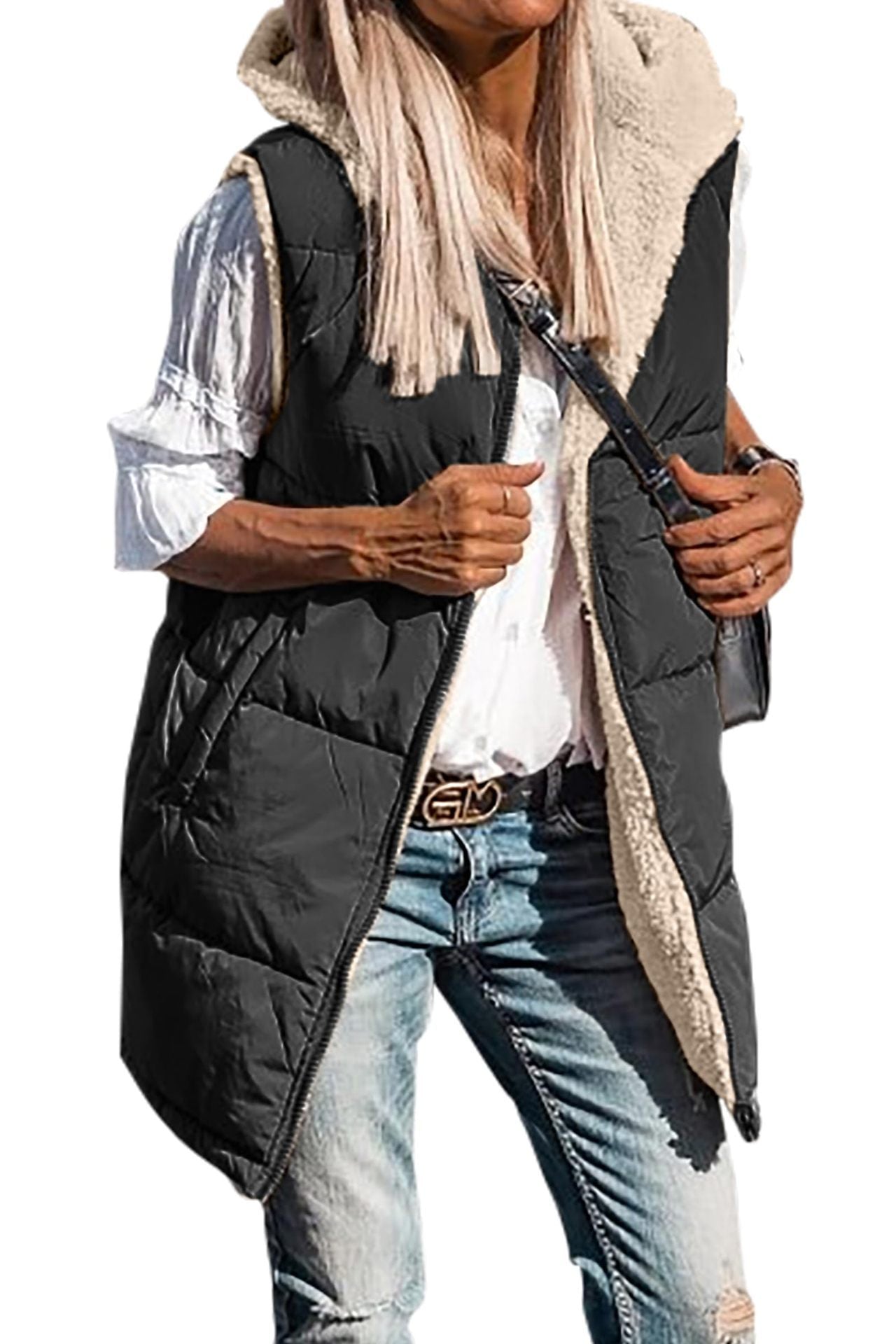 European And American Solid Color Hooded Cotton Jacket Vest Double-sided Wear Slim Elegant Cardigan Coat Limorista