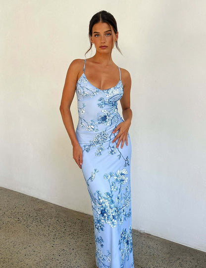 Y2K Slim Flowers Printing Slip Dress Women&