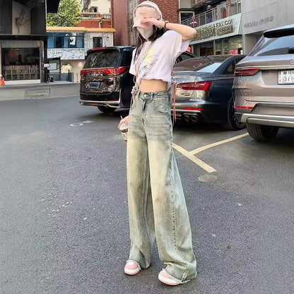 Retro Cement Yellow Straight Wide-leg Jeans For Women Spring And Summer New Loose Slim High Waist Drape Long Pants Limorista