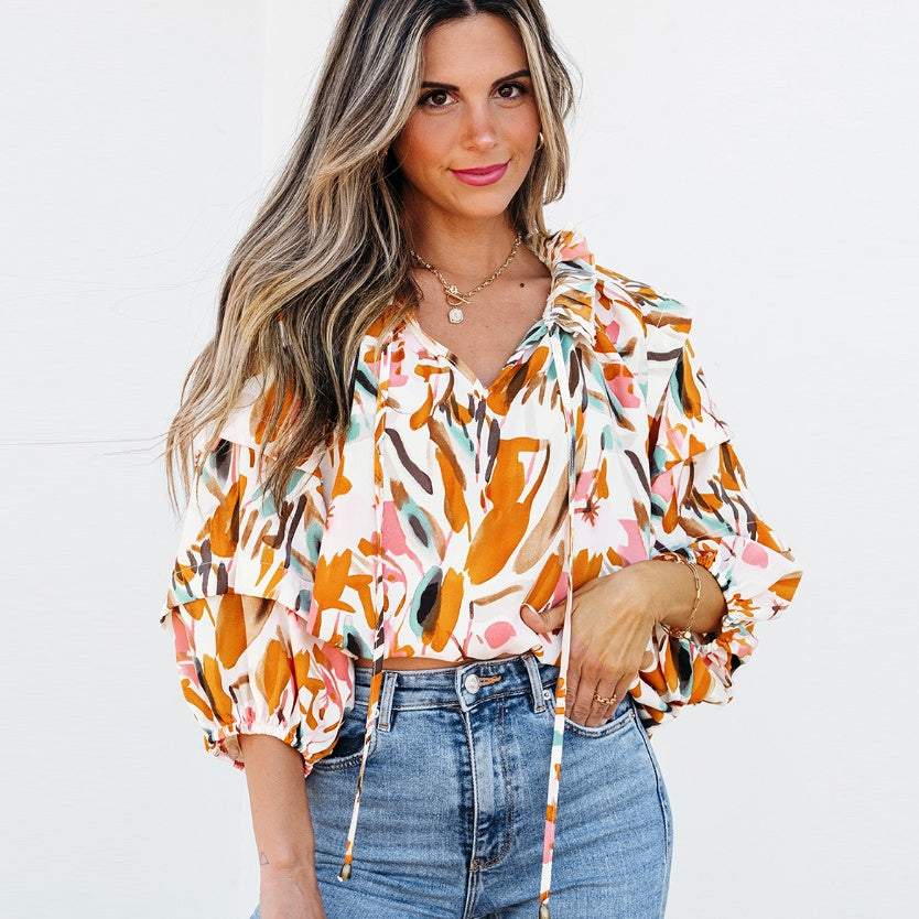European And American Fashion Colorblock Printed V-neck Chiffon Shirt Women Limorista