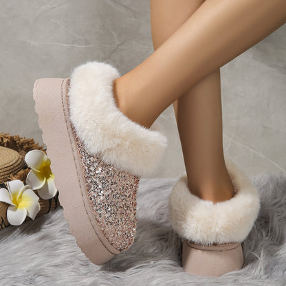 Fashion Sequined Thick-soled Plush Shoes Winter Indoor And Outdoor Casual Warm Slippers Women Garden House Shoes Limorista