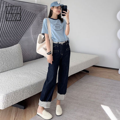 Striped Wide-leg Jeans For Women, Cuffed, High-end Design, Loose High-waist Straight Limorista