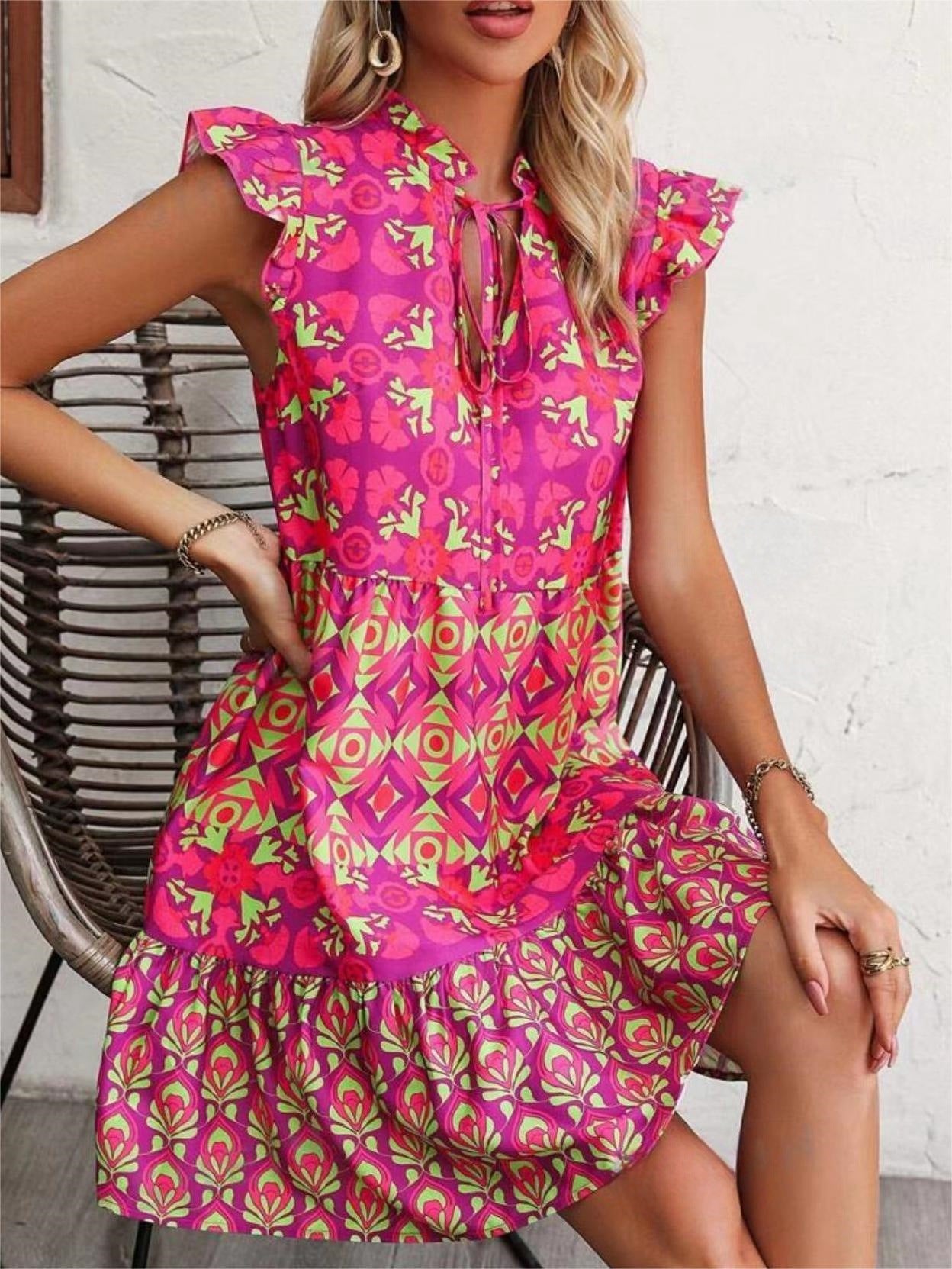 Printed Sleeveless Dress Summer Fashion V-Neck Lace-up Straight Dresses For Womens Clothing Limorista