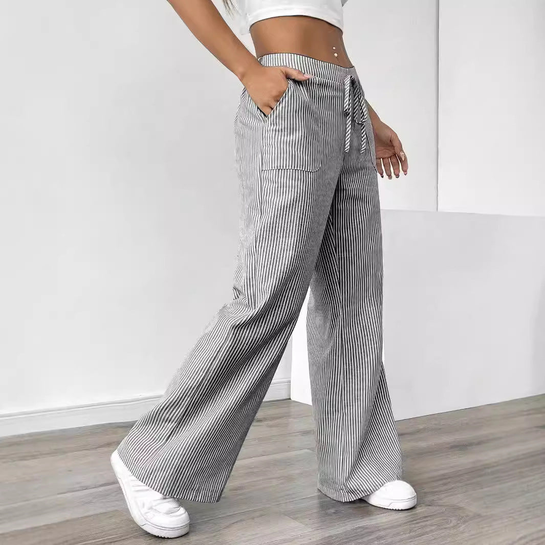 New Striped Trousers With Pockets Casual Versatile Loose Wide Leg Pants Women&