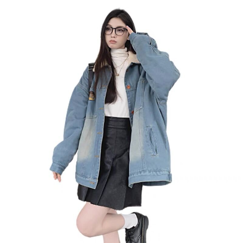 Retro Hong Kong Style Color Block Denim Coat Women&