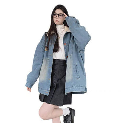 Retro Hong Kong Style Color Block Denim Coat Women&