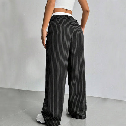 Stripe Printed Trousers Fashion High Waist Straight Leg Pants With Pocket Zipper Casual Suit Pants For Women Limorista