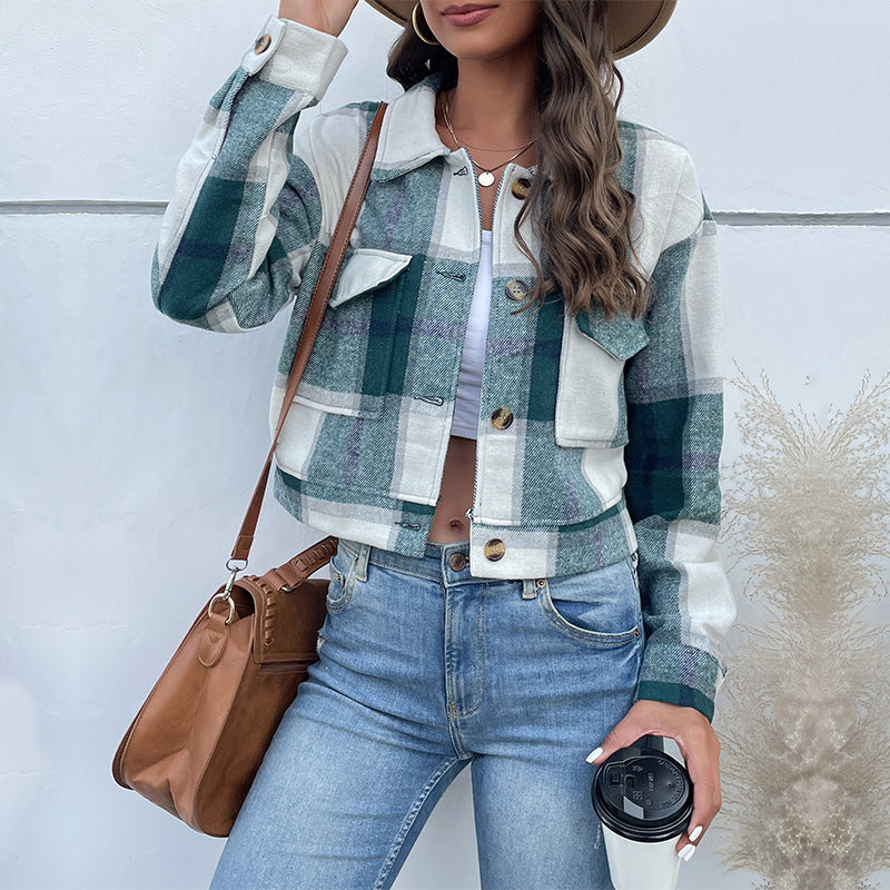 Plaid Lapel Cropped Jacket With Pockets Fashion Button Long Sleeve Short Outwear Tops Coat For Womens Clothing Limorista
