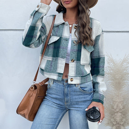 Plaid Lapel Cropped Jacket With Pockets Fashion Button Long Sleeve Short Outwear Tops Coat For Womens Clothing Limorista