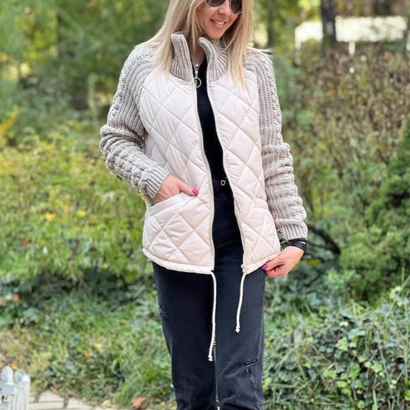 Stand Collar Cotton Jacket With Pockets Fashion Knitted Stitching Zipper Coat Winter Warm Tops For Women Limorista