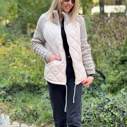 Stand Collar Cotton Jacket With Pockets Fashion Knitted Stitching Zipper Coat Winter Warm Tops For Women Limorista
