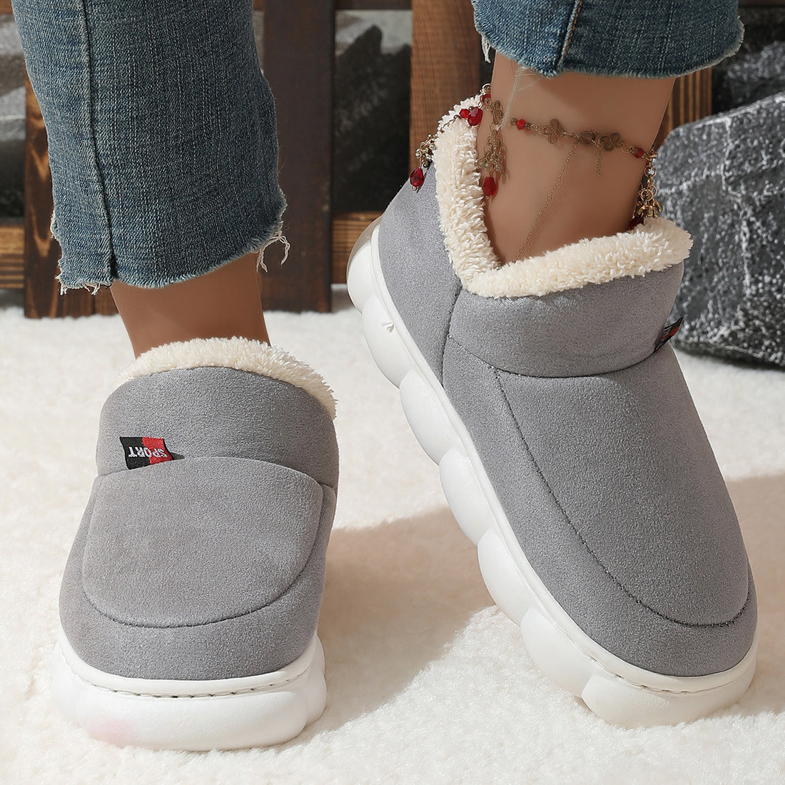 Winter Plush Cotton Shoes Women Men Warm Suede House Shoes For Parents Solid Color Thick-soled Garden Shoes Outdoor Limorista