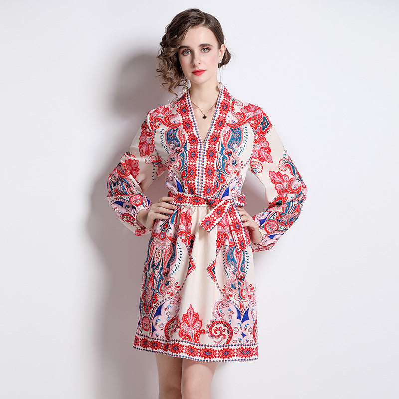 European And American Style Positioning Pattern V-neck Slimming Long Sleeves Dress Limorista