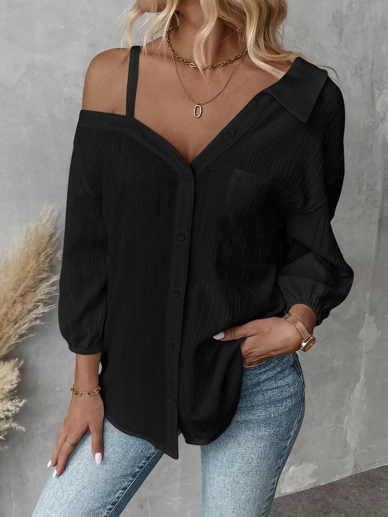 Fall Solid Color White Asymmetric Collar Dropped Shoulder Loose Casual Blouse Spring And Summer New Fashion Street Style Casual Asymmetrical Shoulder Shirt Limorista