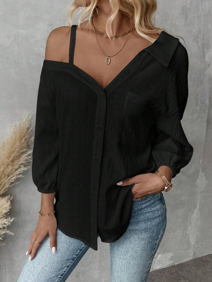 Fall Solid Color White Asymmetric Collar Dropped Shoulder Loose Casual Blouse Spring And Summer New Fashion Street Style Casual Asymmetrical Shoulder Shirt Limorista