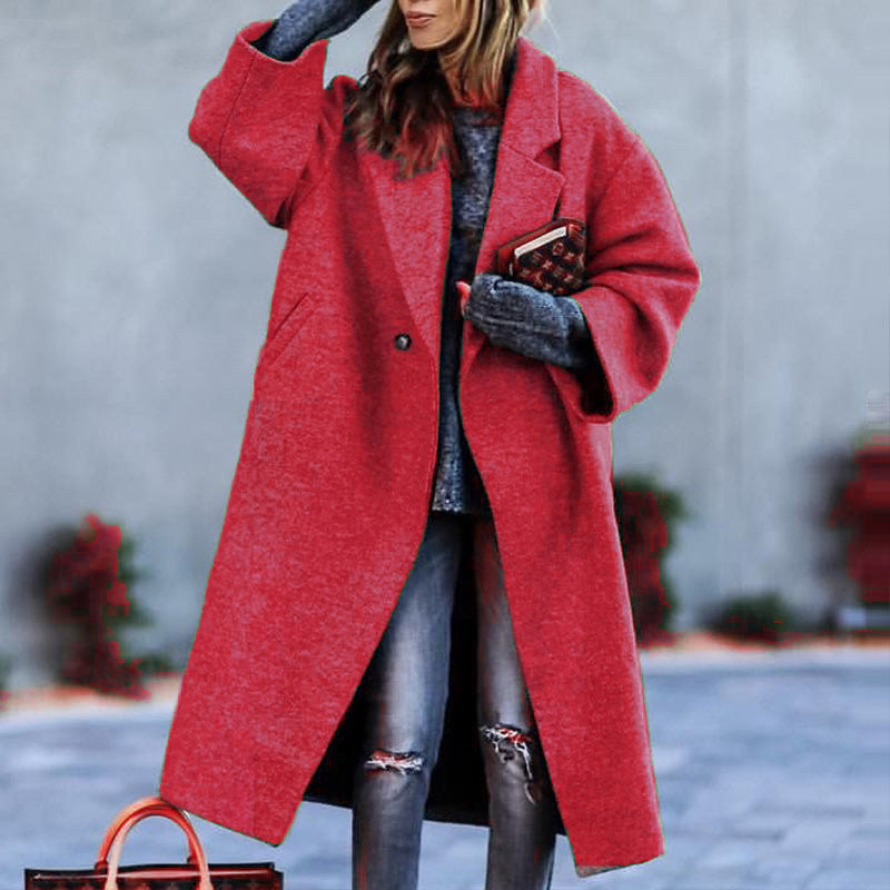 Autumn And Winter Long Woolen Color Temperament Commute No Belt Lapel Loose Woolen Green Coat Limorista