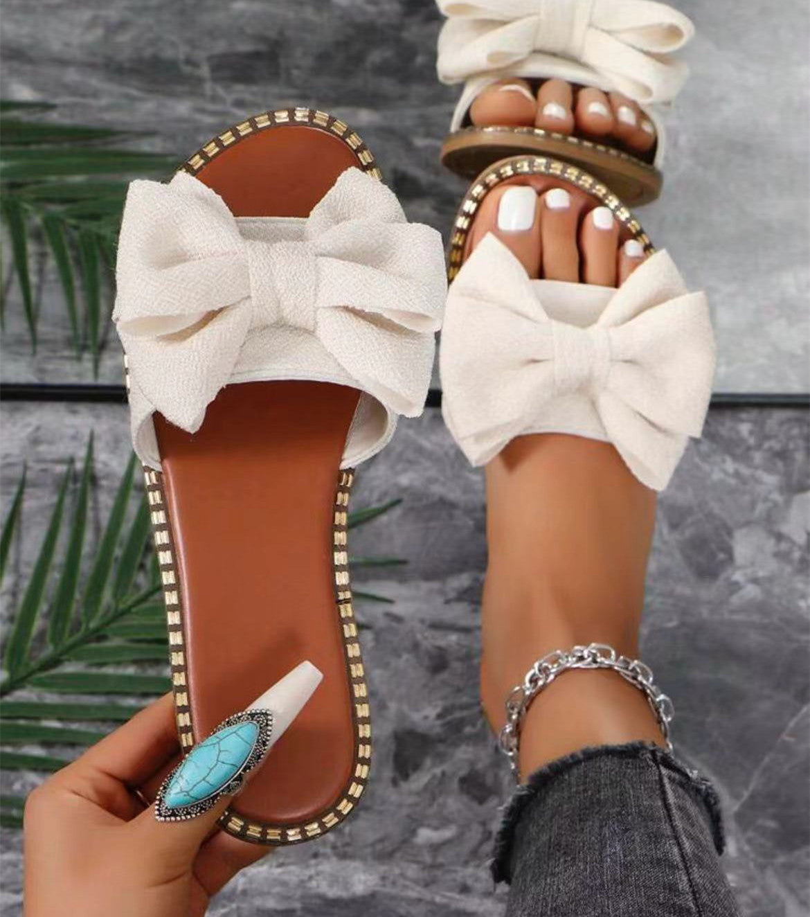 Flat Bottom Rhinestone Bowknot Slippers Women&