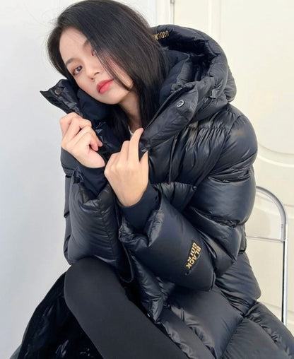 Black Gold White Goose Down Mid-length Elegant Hooded Windproof Overknee Thickened Warm Down Jacket Limorista