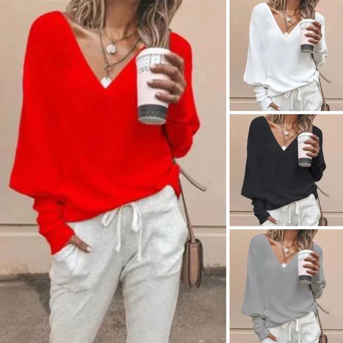 Solid Color And V-neck Batwing Sleeve Long Sleeve T-shirt Top For Women Limorista