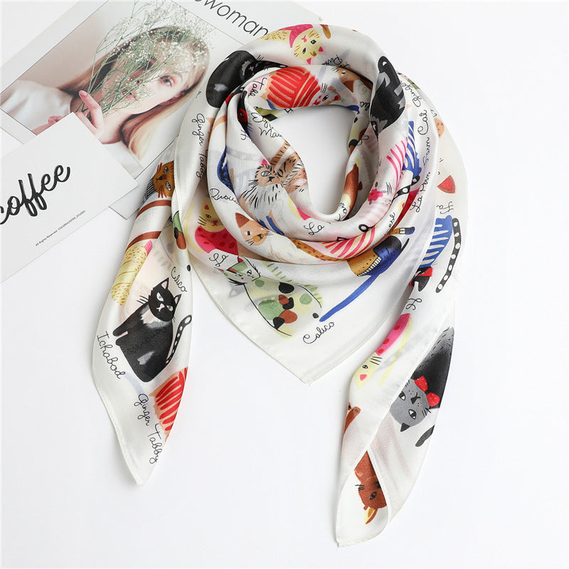 Cartoon Cat Silk Scarf  Fashion Sun Protection Limorista