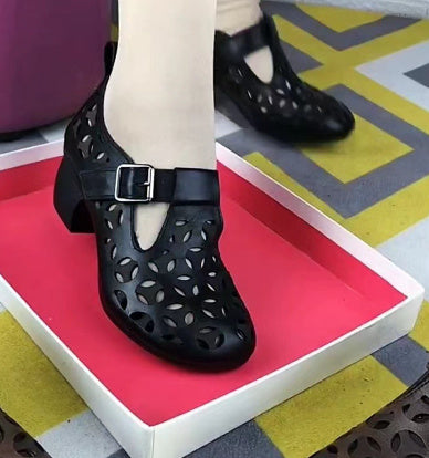 High Heel Retro Hollow Sandals Spring And Summer New Round Toe Buckle Mom Shoes Limorista