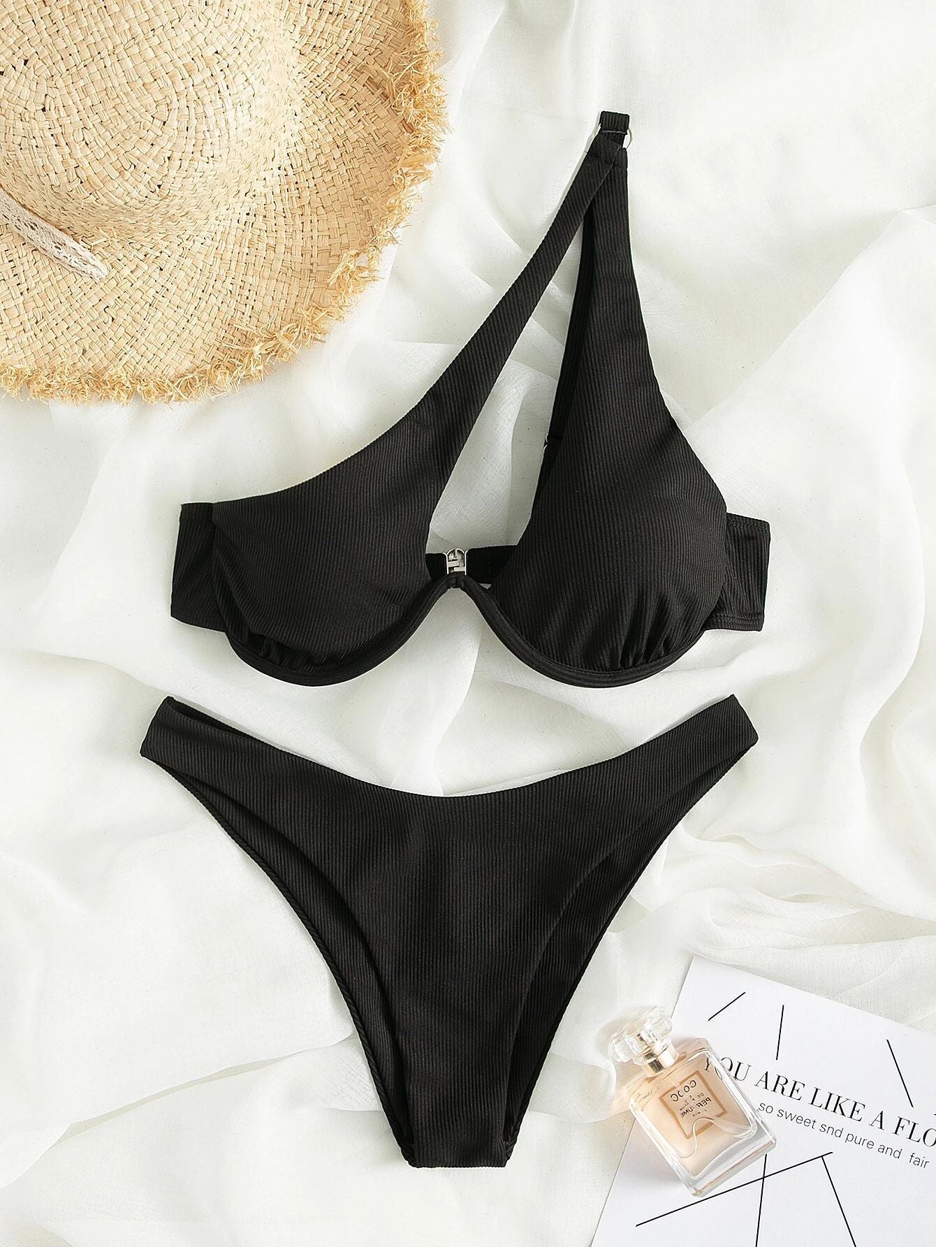 Ladies Split Swimsuit Solid Color One Shoulder Underwire Bikini Limorista