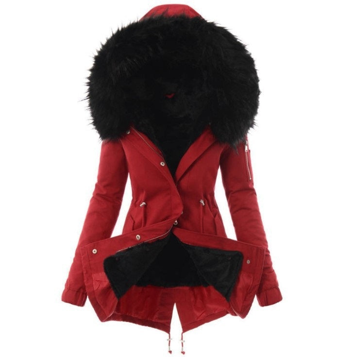 Fur collar drawstring solid color warm cotton coat Limorista